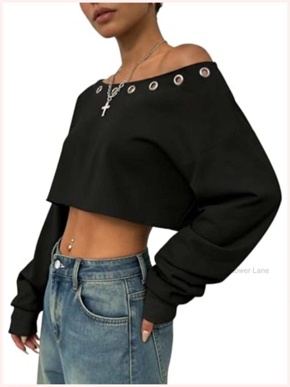 Off Shoulder Cropped Sweatshirt Asymmetrical Neck Long Sleeve Crop Top - Picture 3 of 7